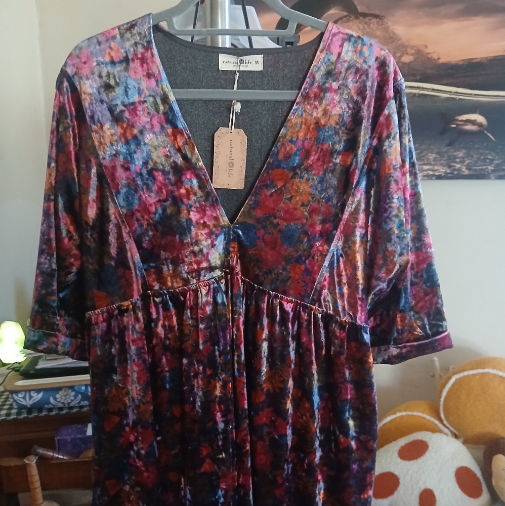 Floral Velvet Dress with V-Neck